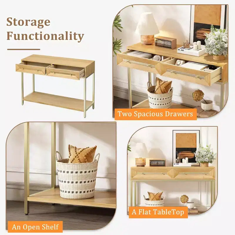 Clihome Entryway Table, Console Table with Two Drawers, Retro Hallway Table with Striking Geometric Design for Entryway and Living Room