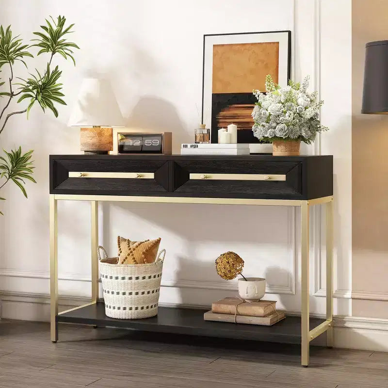 Clihome Entryway Table, Console Table with Two Drawers, Retro Hallway Table with Striking Geometric Design for Entryway and Living Room