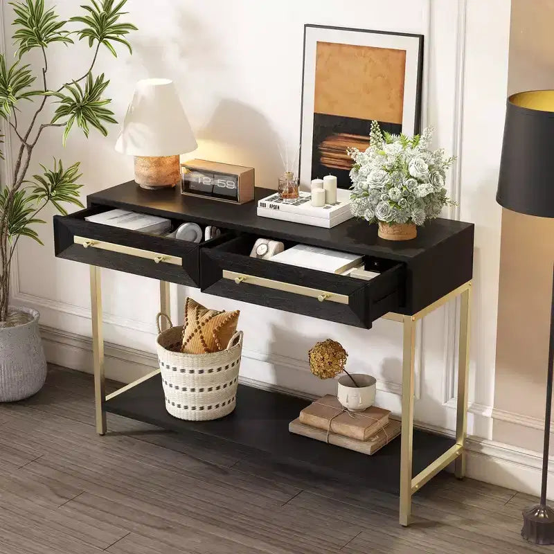 Clihome Entryway Table, Console Table with Two Drawers, Retro Hallway Table with Striking Geometric Design for Entryway and Living Room
