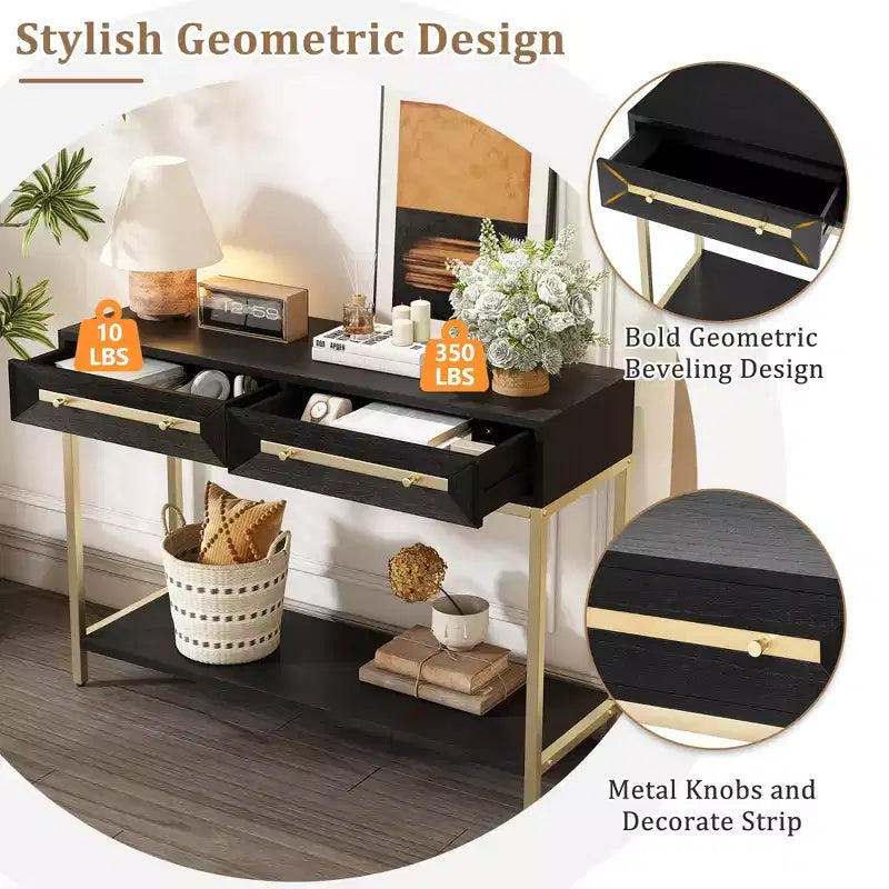 Clihome Entryway Table, Console Table with Two Drawers, Retro Hallway Table with Striking Geometric Design for Entryway and Living Room