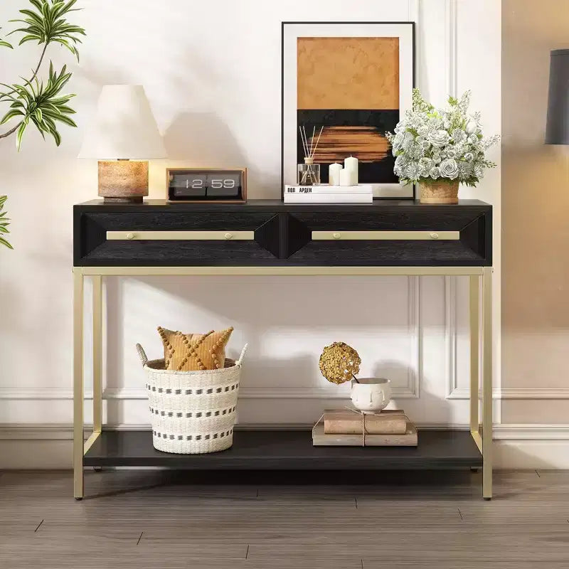 Clihome Entryway Table, Console Table with Two Drawers, Retro Hallway Table with Striking Geometric Design for Entryway and Living Room