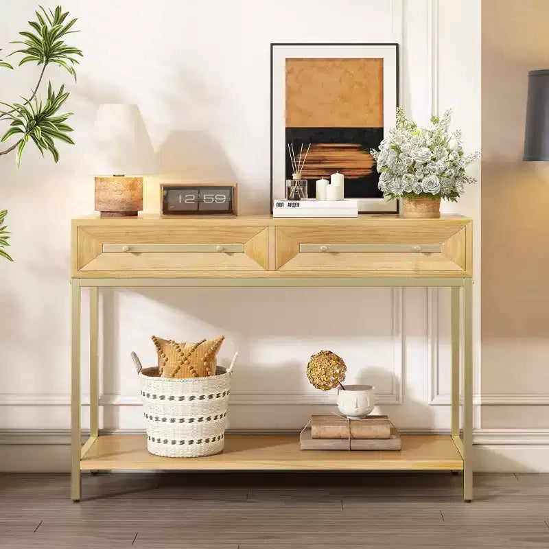 Clihome Entryway Table, Console Table with Two Drawers, Retro Hallway Table with Striking Geometric Design for Entryway and Living Room