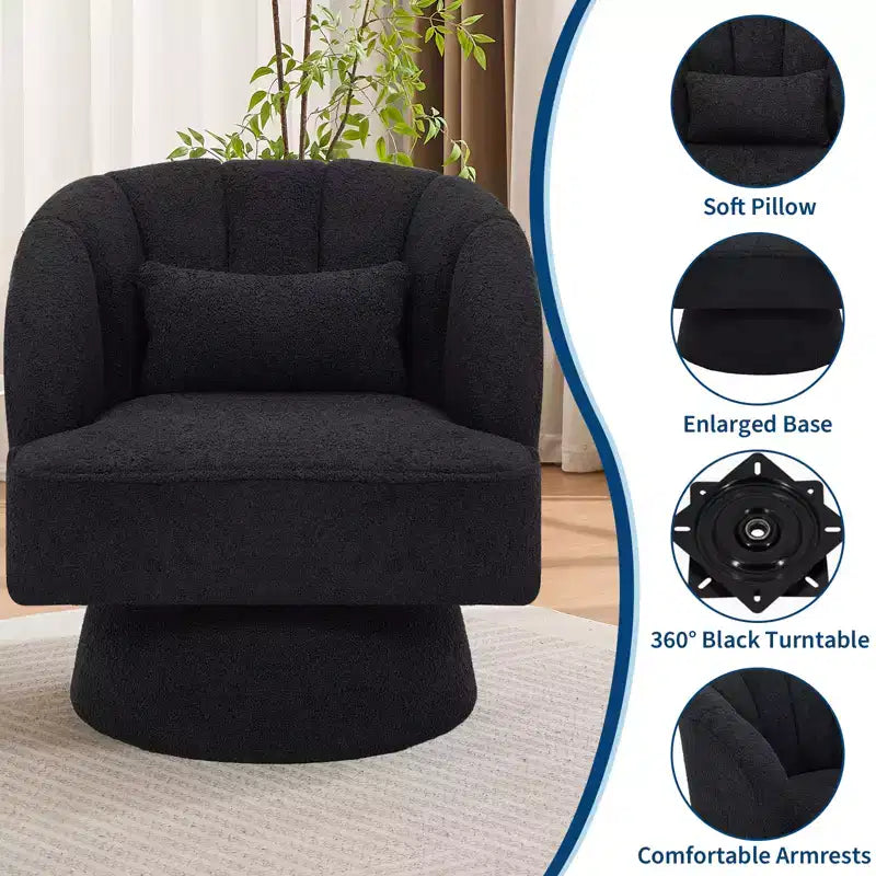 Swivel Barrel Accent Chair with Removable Pillow, 360-Degree Round Reading Chair Soft Boucle Fabric One Arm Lounge Chair for Living Room Bedroom
