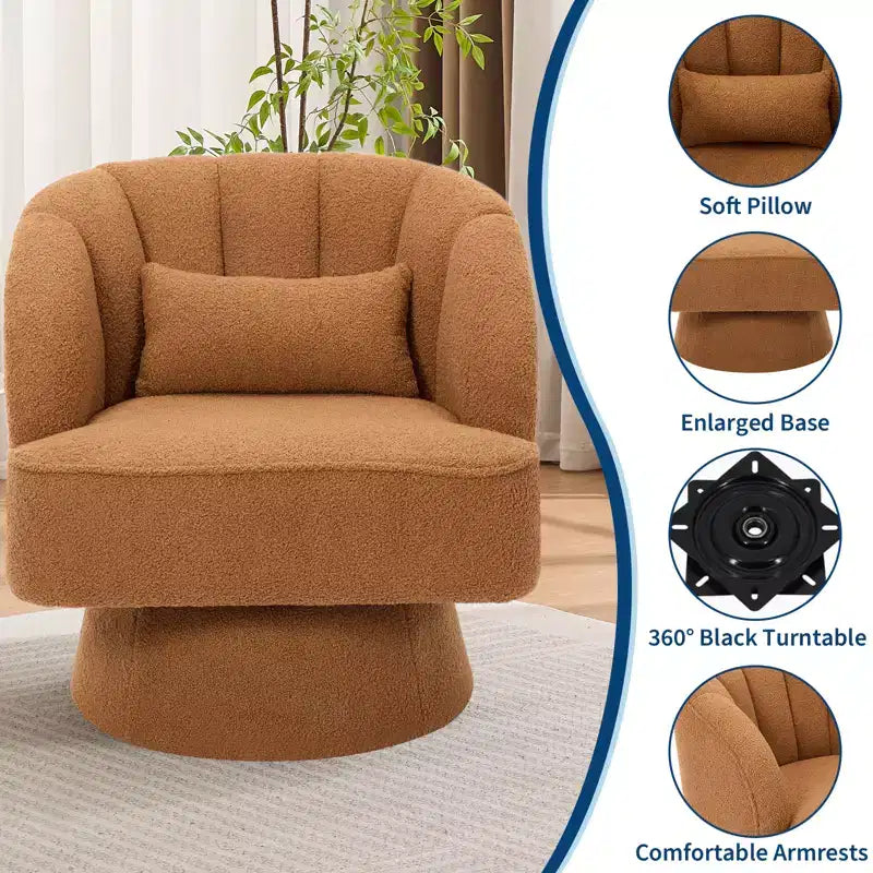 Swivel Barrel Accent Chair with Removable Pillow, 360-Degree Round Reading Chair Soft Boucle Fabric One Arm Lounge Chair for Living Room Bedroom
