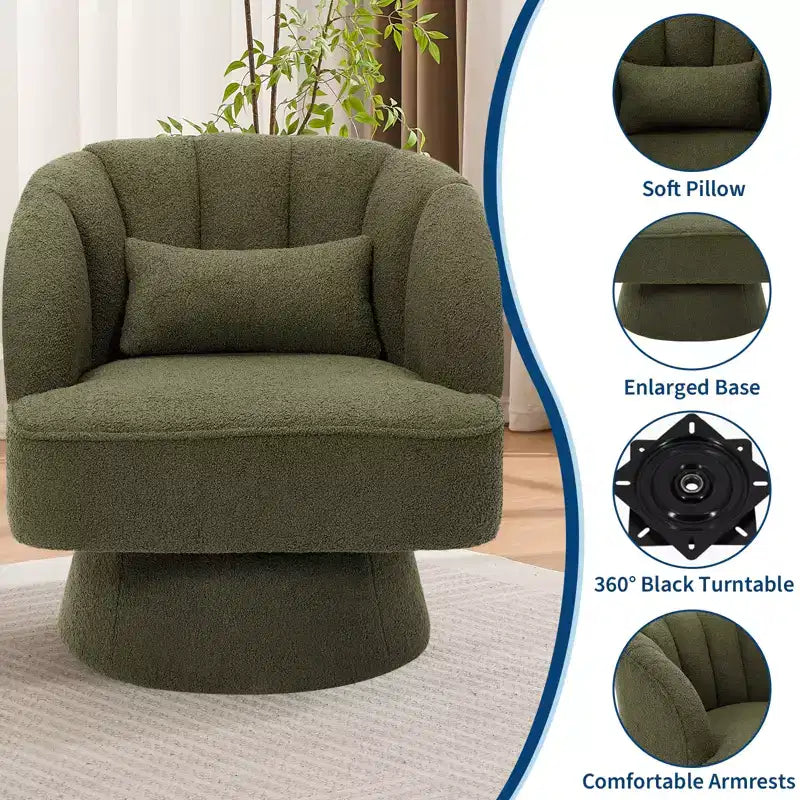 Swivel Barrel Accent Chair with Removable Pillow, 360-Degree Round Reading Chair Soft Boucle Fabric One Arm Lounge Chair for Living Room Bedroom