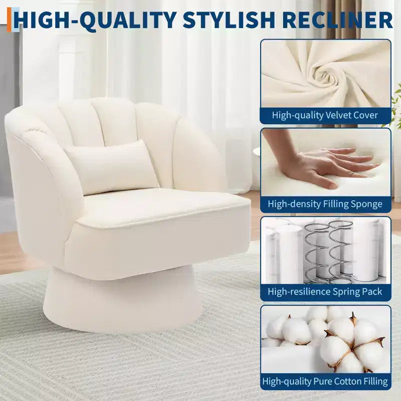 Swivel Barrel Accent Chair with Removable Pillow, 360-Degree Round Reading Chair Soft Boucle Fabric One Arm Lounge Chair for Living Room Bedroom