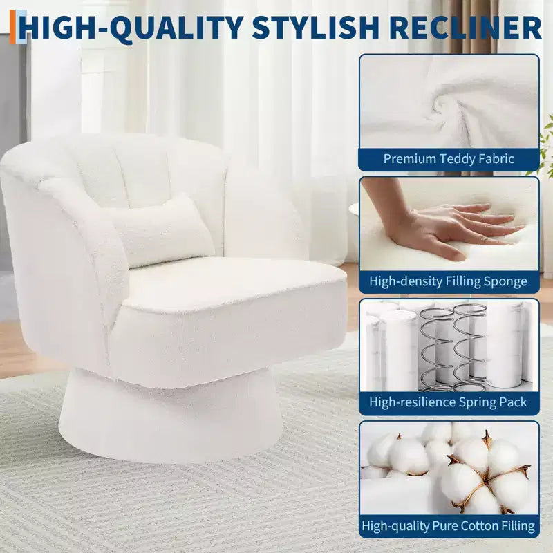 Swivel Barrel Accent Chair with Removable Pillow, 360-Degree Round Reading Chair Soft Boucle Fabric One Arm Lounge Chair for Living Room Bedroom