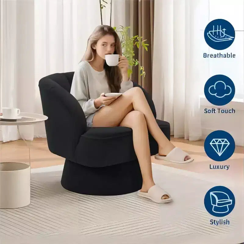 Swivel Barrel Accent Chair with Removable Pillow, 360-Degree Round Reading Chair Soft Boucle Fabric One Arm Lounge Chair for Living Room Bedroom
