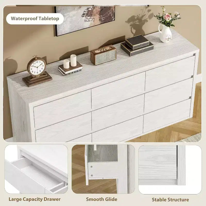 Rustic Farmhouse 9-Drawer Dresser with Handle-Free Design & Anti-Tip Safety. Wooden Storage Cabinet for Bedroom, Living Room, or Hallway.
