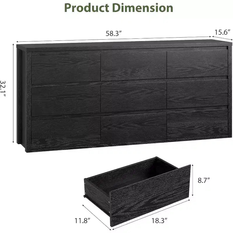 Rustic Farmhouse 9-Drawer Dresser with Handle-Free Design & Anti-Tip Safety. Wooden Storage Cabinet for Bedroom, Living Room, or Hallway.