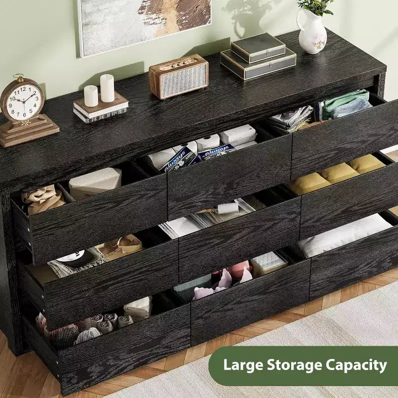 Rustic Farmhouse 9-Drawer Dresser with Handle-Free Design & Anti-Tip Safety. Wooden Storage Cabinet for Bedroom, Living Room, or Hallway.