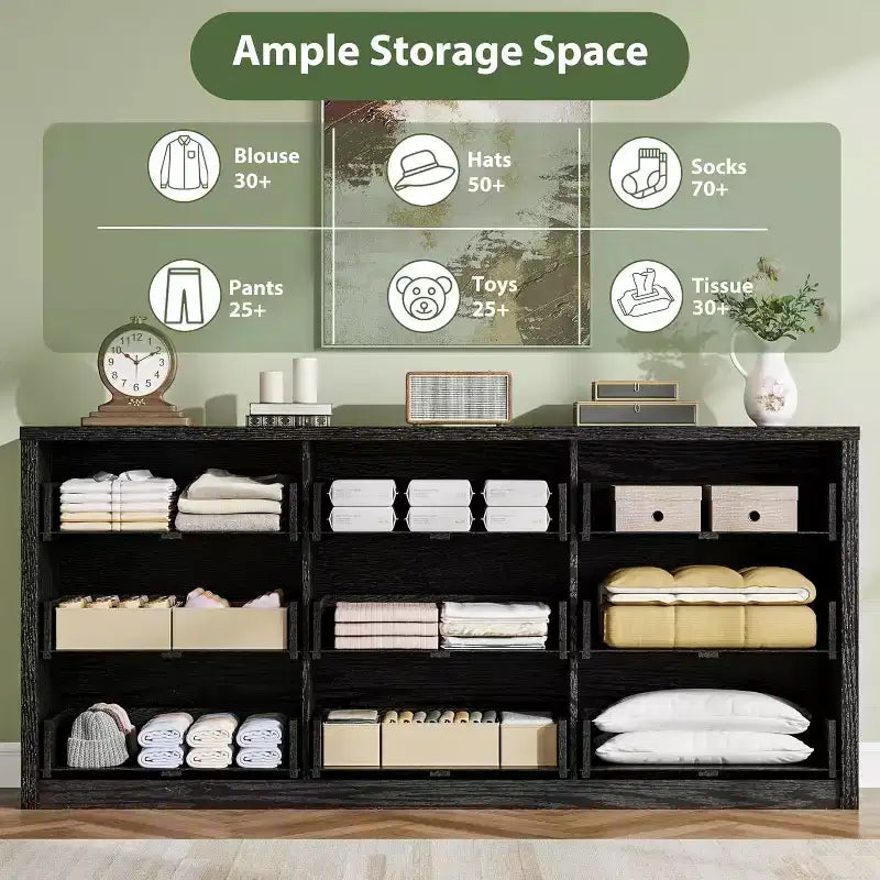 Rustic Farmhouse 9-Drawer Dresser with Handle-Free Design & Anti-Tip Safety. Wooden Storage Cabinet for Bedroom, Living Room, or Hallway.