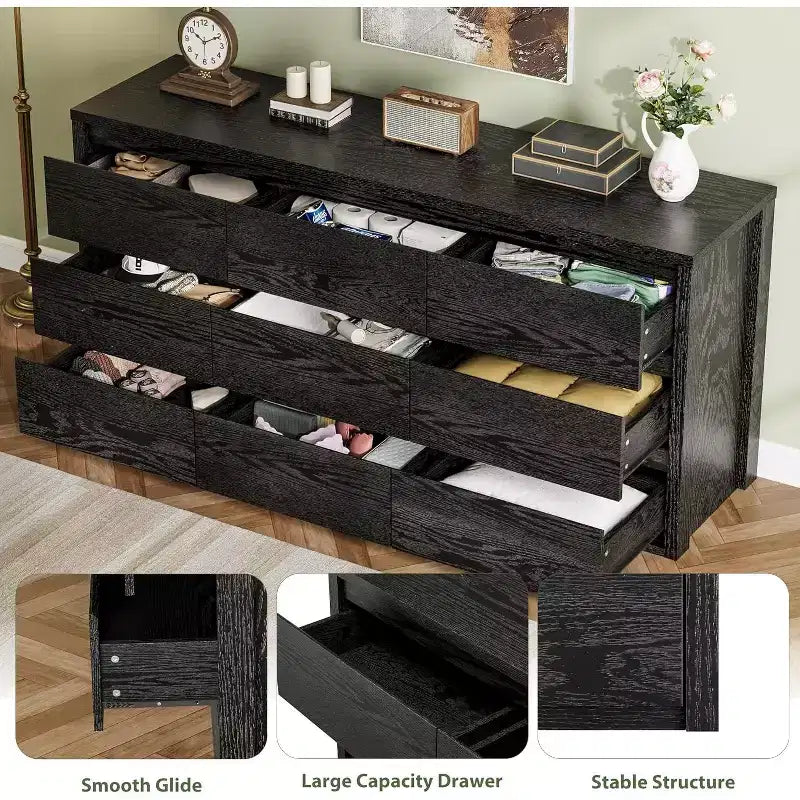 Rustic Farmhouse 9-Drawer Dresser with Handle-Free Design & Anti-Tip Safety. Wooden Storage Cabinet for Bedroom, Living Room, or Hallway.