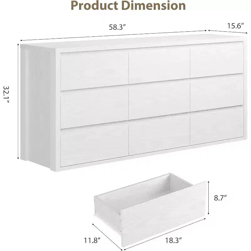 Rustic Farmhouse 9-Drawer Dresser with Handle-Free Design & Anti-Tip Safety. Wooden Storage Cabinet for Bedroom, Living Room, or Hallway.