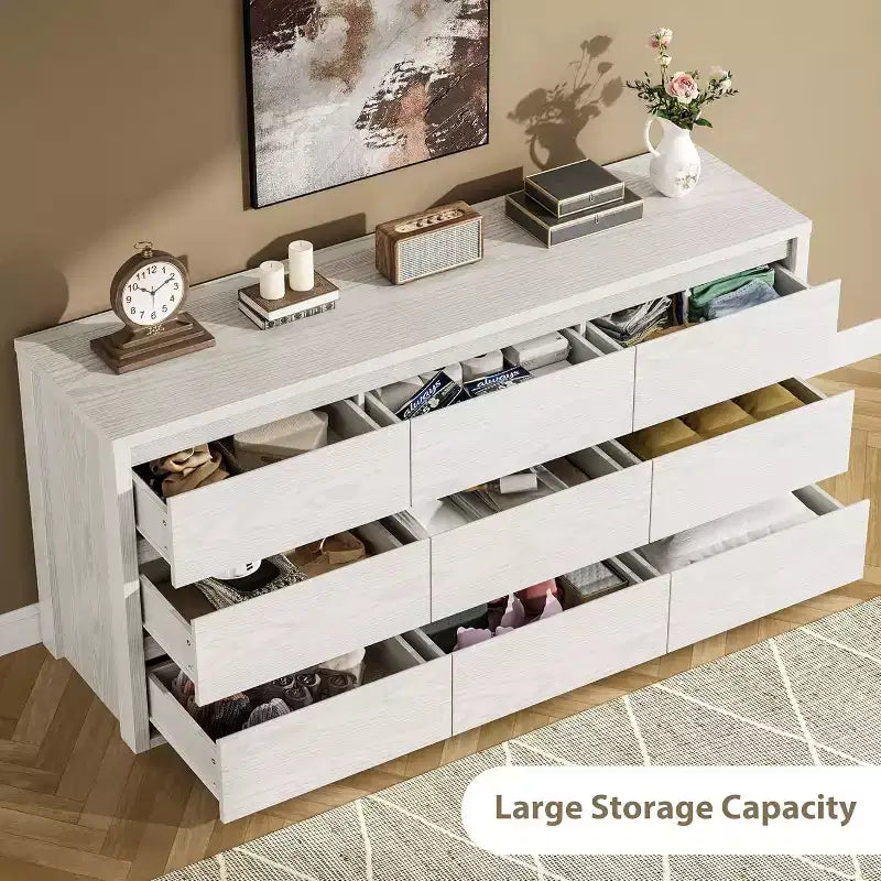 Rustic Farmhouse 9-Drawer Dresser with Handle-Free Design & Anti-Tip Safety. Wooden Storage Cabinet for Bedroom, Living Room, or Hallway.