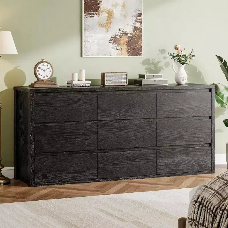 Rustic Farmhouse 9-Drawer Dresser with Handle-Free Design & Anti-Tip Safety. Wooden Storage Cabinet for Bedroom, Living Room, or Hallway.