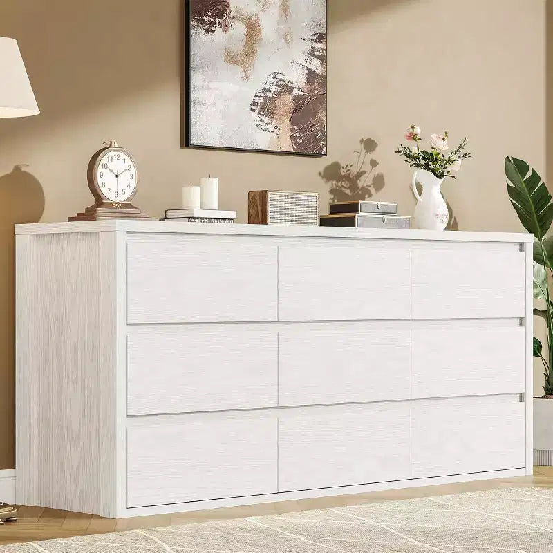 Rustic Farmhouse 9-Drawer Dresser with Handle-Free Design & Anti-Tip Safety. Wooden Storage Cabinet for Bedroom, Living Room, or Hallway.