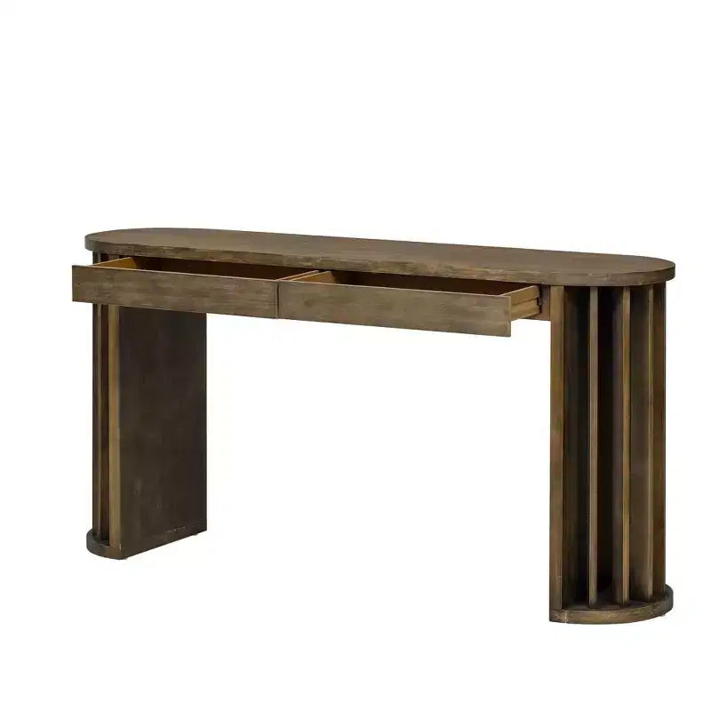 TUYOHW 59 Modern Console Table with Fan-Shaped Legs,Oak Veneer Entryway Table with 2 Drawers,Oval Sofa Table for Living Room,Hallway,Entryway