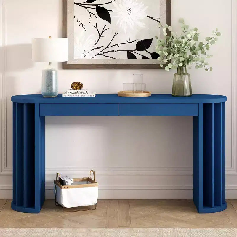 TUYOHW 59 Modern Console Table with Fan-Shaped Legs,Oak Veneer Entryway Table with 2 Drawers,Oval Sofa Table for Living Room,Hallway,Entryway