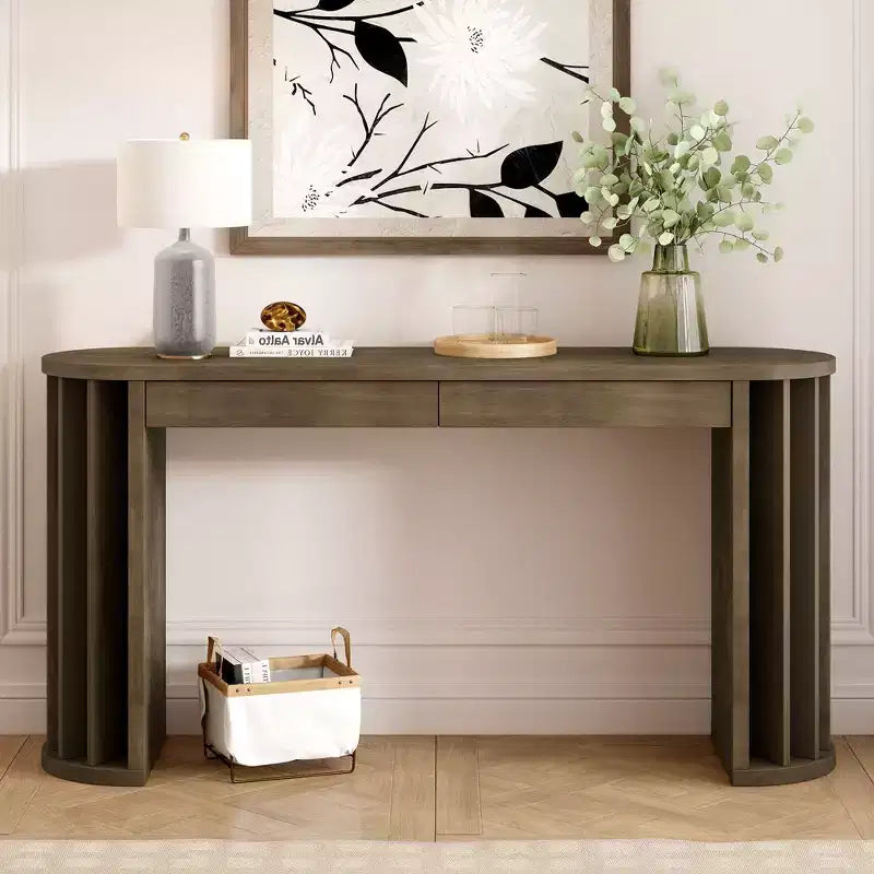 TUYOHW 59 Modern Console Table with Fan-Shaped Legs,Oak Veneer Entryway Table with 2 Drawers,Oval Sofa Table for Living Room,Hallway,Entryway