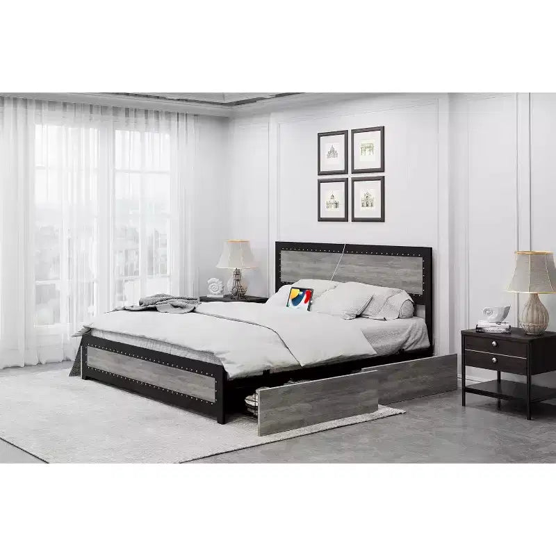 Full Size Platform Bed Frame with Charging Station, Industrial Metal Bed with Headboard & Reinforced Slat Support, No Box Spring Needed, Easy Assembly