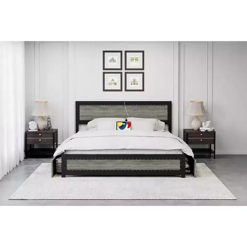 Full Size Platform Bed Frame with Charging Station, Industrial Metal Bed with Headboard & Reinforced Slat Support, No Box Spring Needed, Easy Assembly