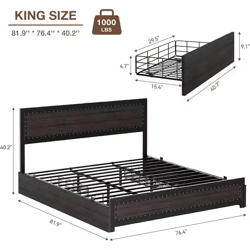 Full Size Platform Bed Frame with Charging Station, Industrial Metal Bed with Headboard & Reinforced Slat Support, No Box Spring Needed, Easy Assembly