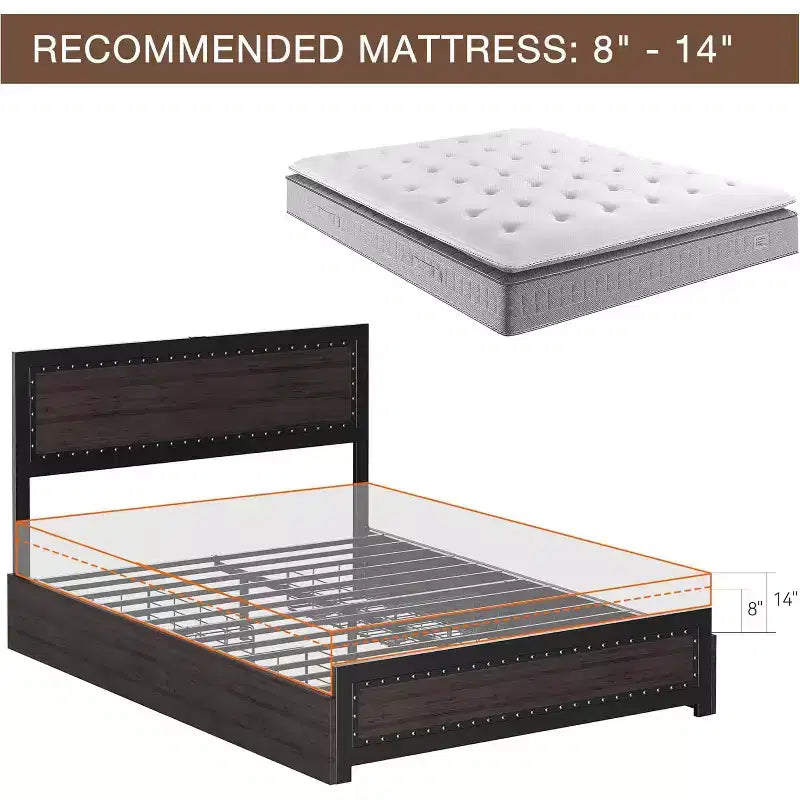 Full Size Platform Bed Frame with Charging Station, Industrial Metal Bed with Headboard & Reinforced Slat Support, No Box Spring Needed, Easy Assembly