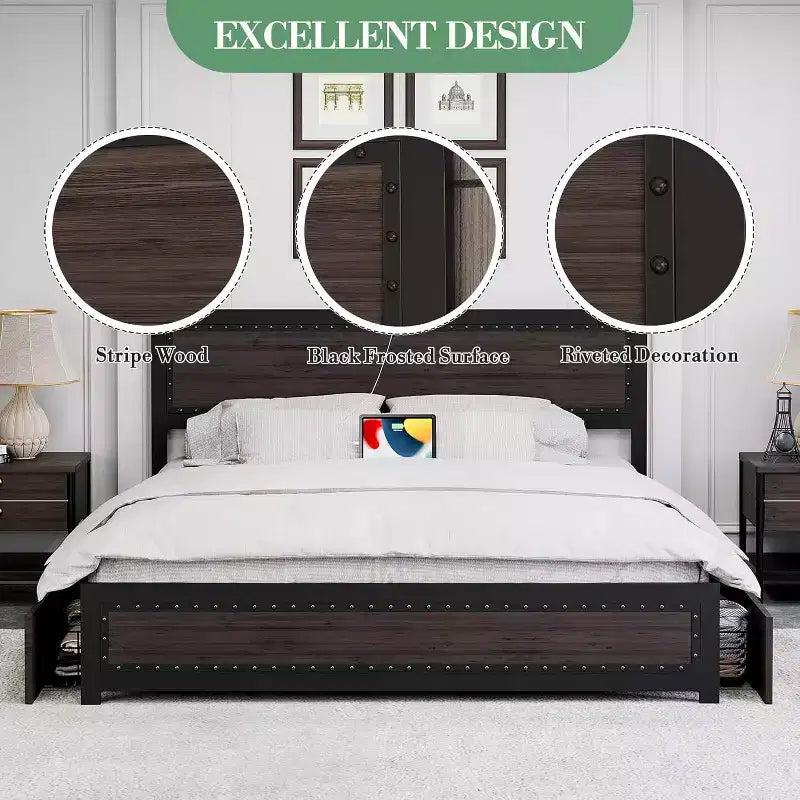 Full Size Platform Bed Frame with Charging Station, Industrial Metal Bed with Headboard & Reinforced Slat Support, No Box Spring Needed, Easy Assembly