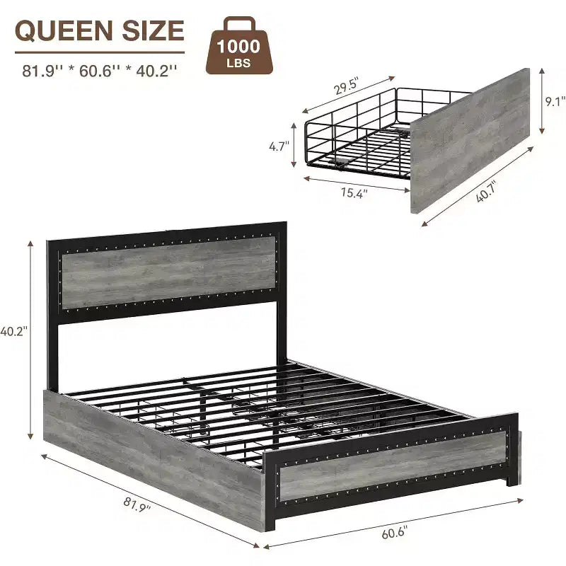 Full Size Platform Bed Frame with Charging Station, Industrial Metal Bed with Headboard & Reinforced Slat Support, No Box Spring Needed, Easy Assembly