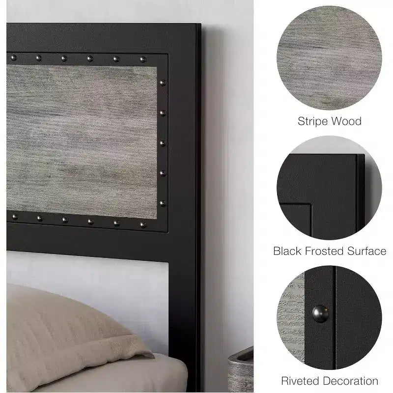 Full Size Platform Bed Frame with Charging Station, Industrial Metal Bed with Headboard & Reinforced Slat Support, No Box Spring Needed, Easy Assembly
