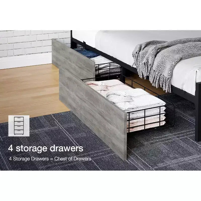 Full Size Platform Bed Frame with Charging Station, Industrial Metal Bed with Headboard & Reinforced Slat Support, No Box Spring Needed, Easy Assembly
