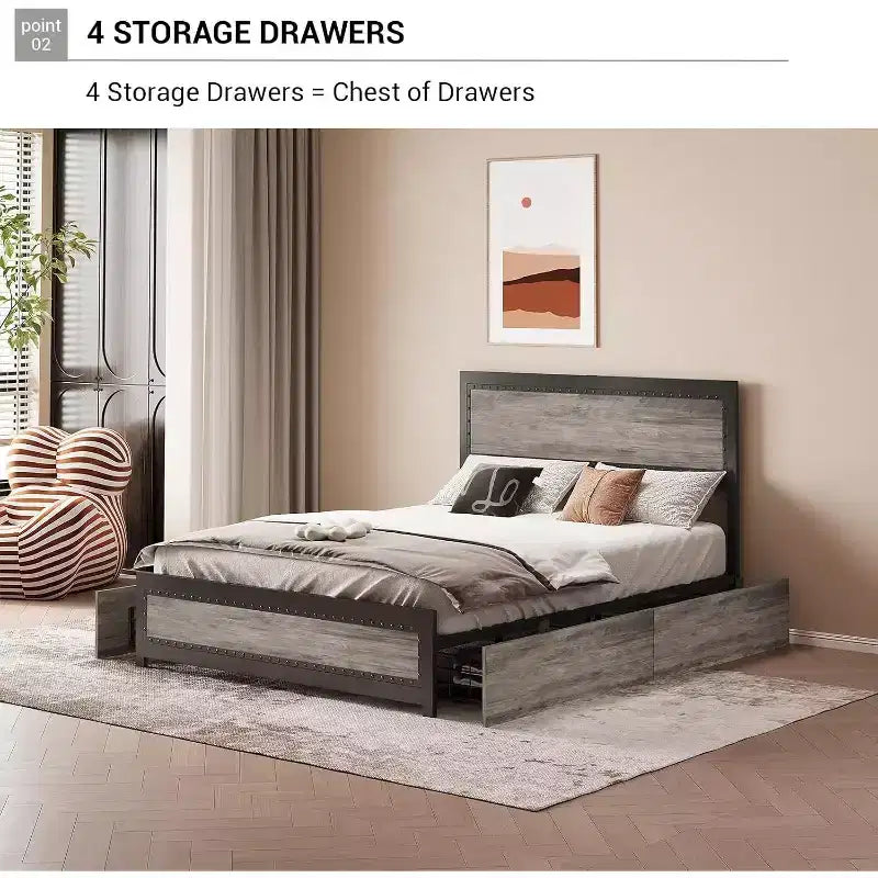 Full Size Platform Bed Frame with Charging Station, Industrial Metal Bed with Headboard & Reinforced Slat Support, No Box Spring Needed, Easy Assembly