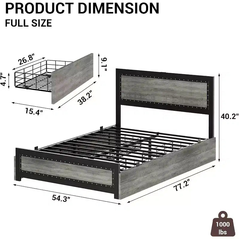 Full Size Platform Bed Frame with Charging Station, Industrial Metal Bed with Headboard & Reinforced Slat Support, No Box Spring Needed, Easy Assembly