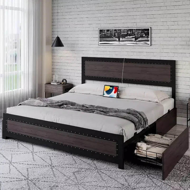 Full Size Platform Bed Frame with Charging Station, Industrial Metal Bed with Headboard & Reinforced Slat Support, No Box Spring Needed, Easy Assembly