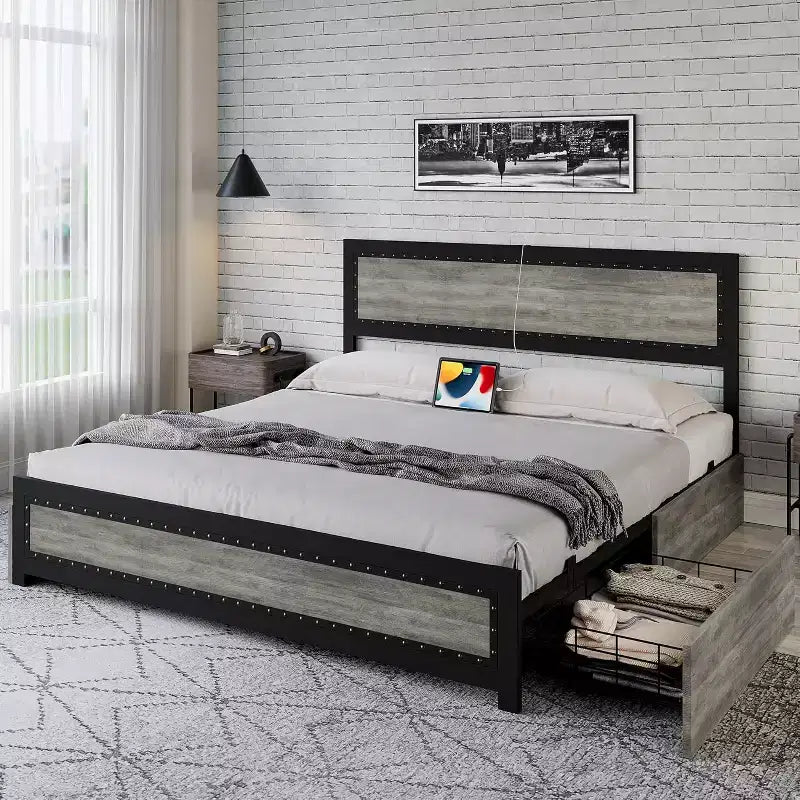 Full Size Platform Bed Frame with Charging Station, Industrial Metal Bed with Headboard & Reinforced Slat Support, No Box Spring Needed, Easy Assembly