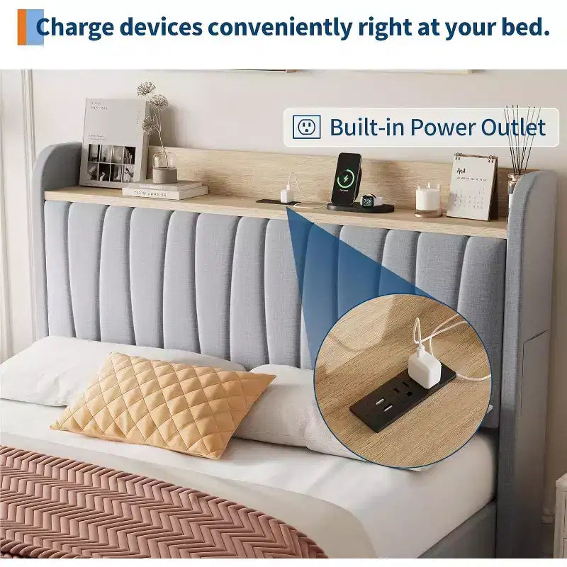 Upholstered Bed Frame with Storage Headboard & Charging, Full or Queen Size Platform Bed with Drawers, No Box Spring Needed