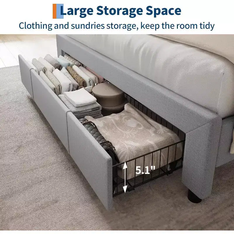Upholstered Bed Frame with Storage Headboard & Charging, Full or Queen Size Platform Bed with Drawers, No Box Spring Needed