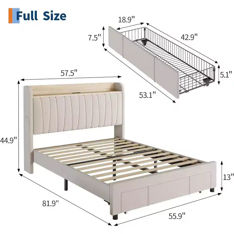 Upholstered Bed Frame with Storage Headboard & Charging, Full or Queen Size Platform Bed with Drawers, No Box Spring Needed