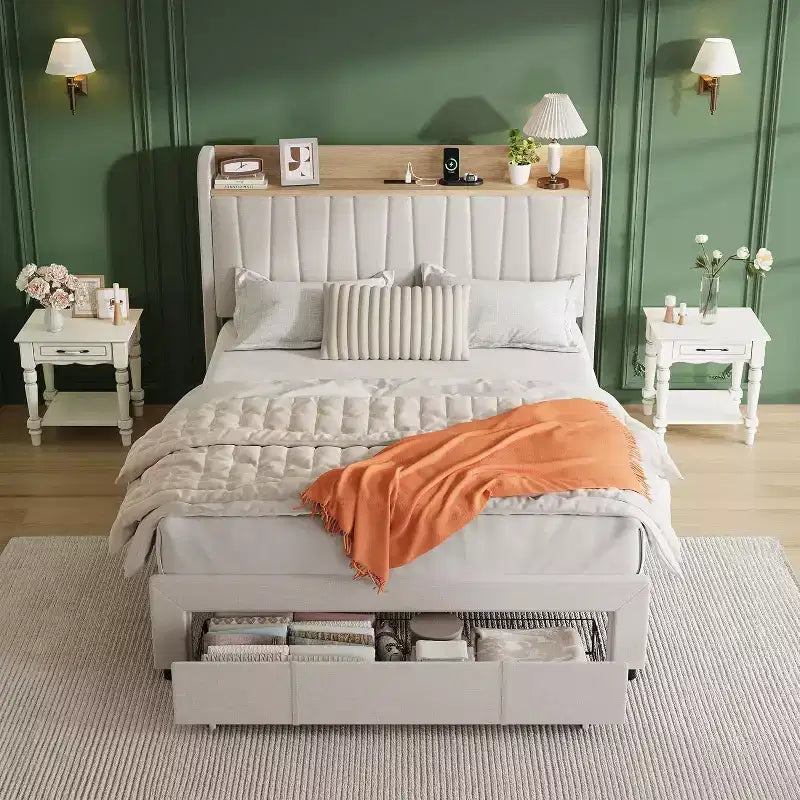 Upholstered Bed Frame with Storage Headboard & Charging, Full or Queen Size Platform Bed with Drawers, No Box Spring Needed