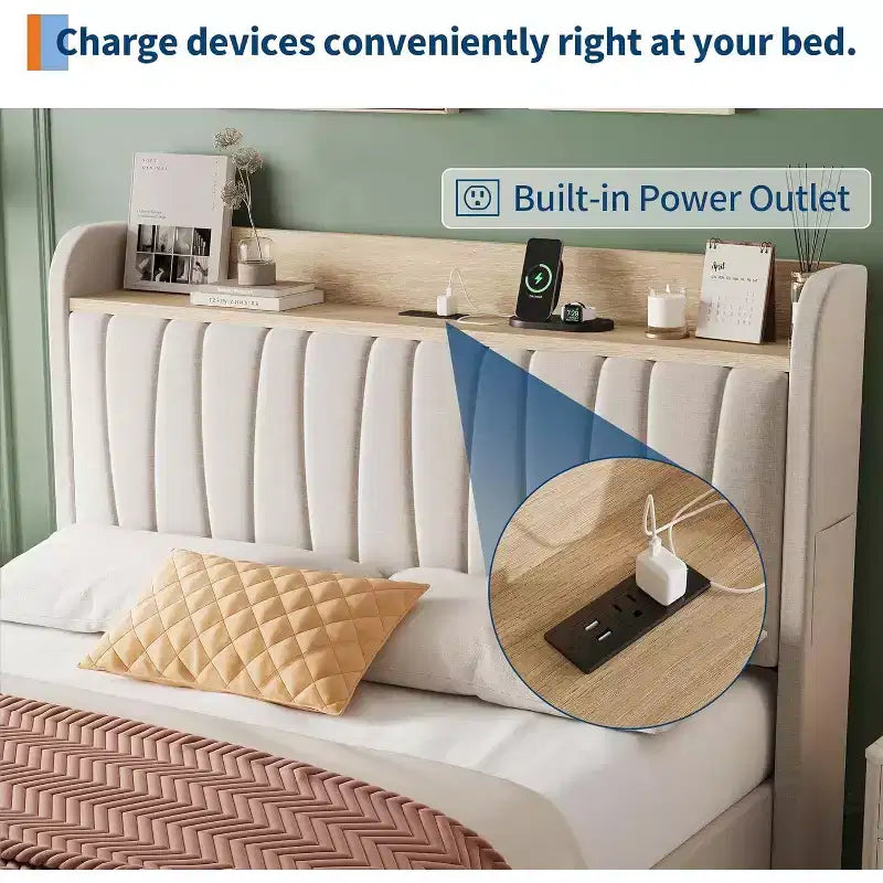 Upholstered Bed Frame with Storage Headboard & Charging, Full or Queen Size Platform Bed with Drawers, No Box Spring Needed