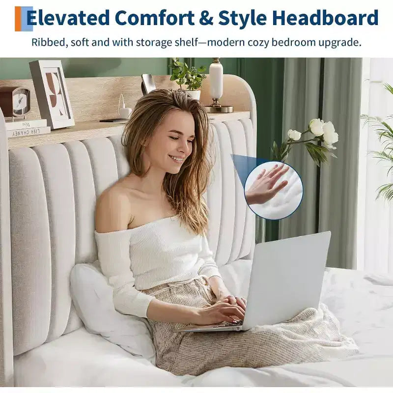 Upholstered Bed Frame with Storage Headboard & Charging, Full or Queen Size Platform Bed with Drawers, No Box Spring Needed