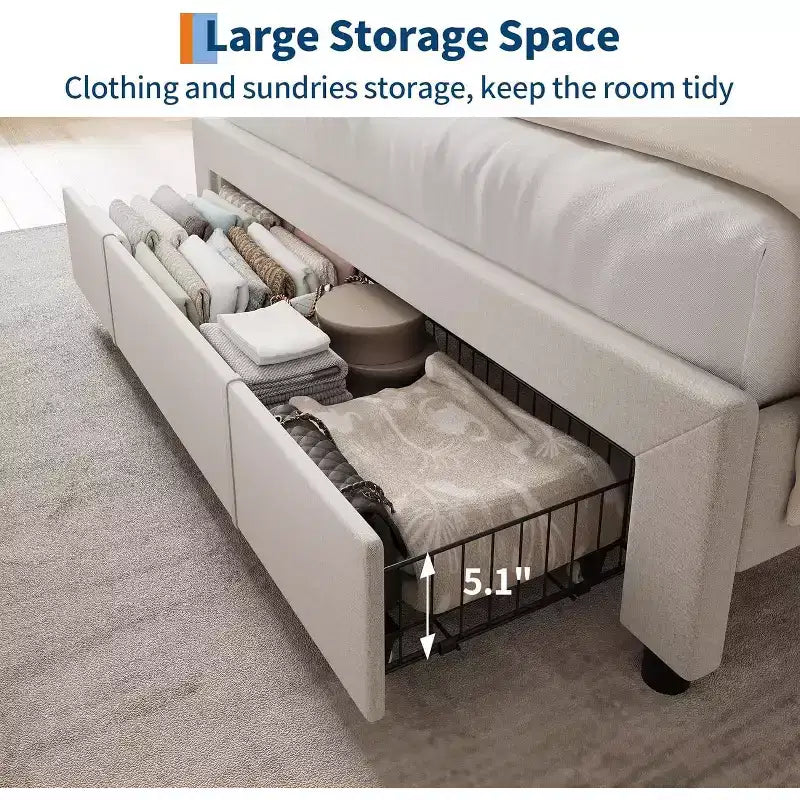 Upholstered Bed Frame with Storage Headboard & Charging, Full or Queen Size Platform Bed with Drawers, No Box Spring Needed