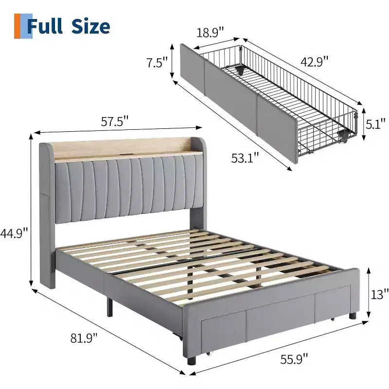 Upholstered Bed Frame with Storage Headboard & Charging, Full or Queen Size Platform Bed with Drawers, No Box Spring Needed
