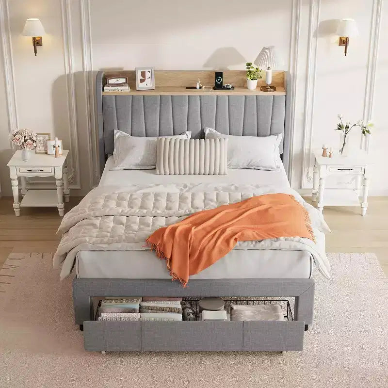 Upholstered Bed Frame with Storage Headboard & Charging, Full or Queen Size Platform Bed with Drawers, No Box Spring Needed