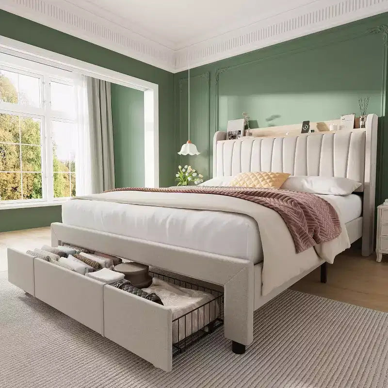 Upholstered Bed Frame with Storage Headboard & Charging, Full or Queen Size Platform Bed with Drawers, No Box Spring Needed