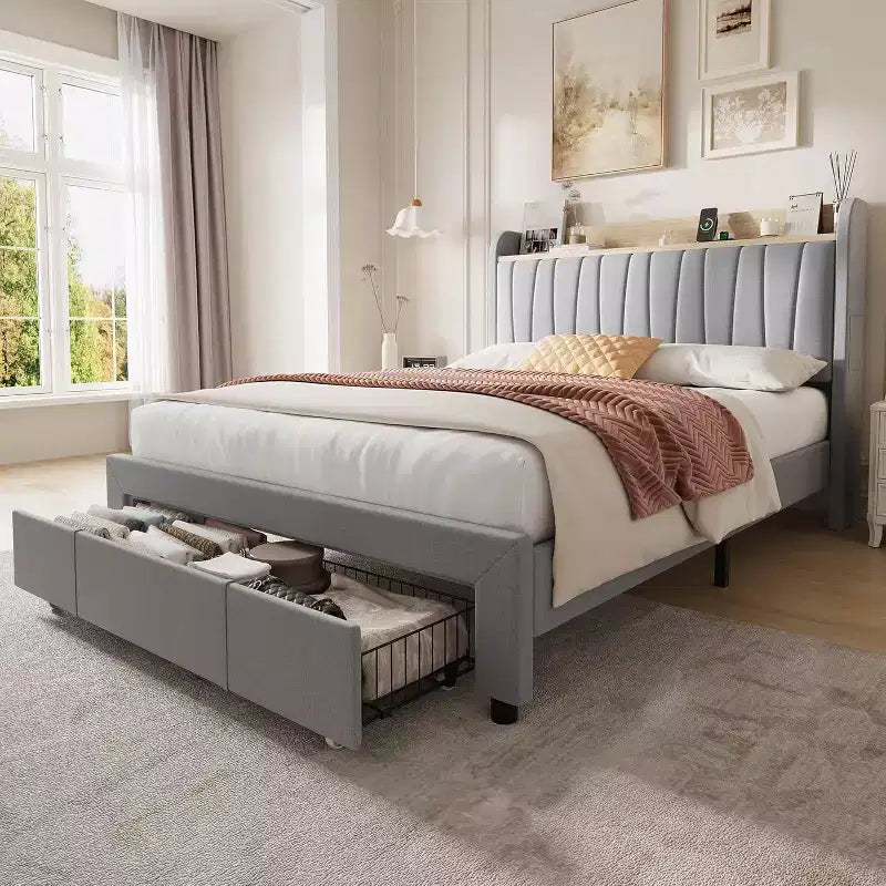 Upholstered Bed Frame with Storage Headboard & Charging, Full or Queen Size Platform Bed with Drawers, No Box Spring Needed