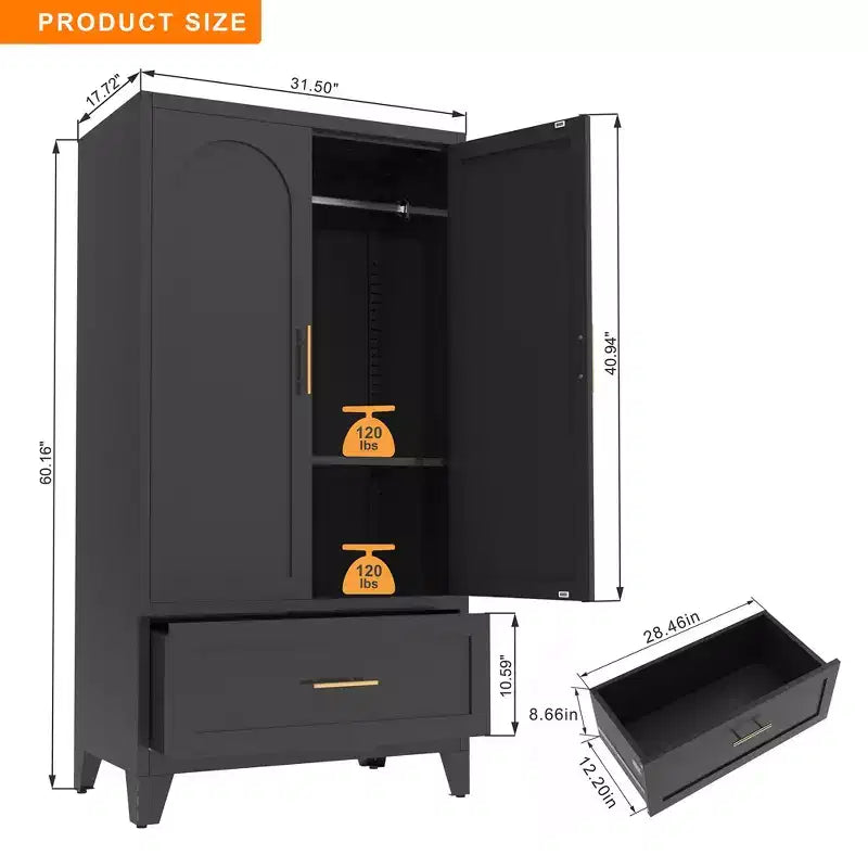 JVNOXK 60 Tall Metal Wardrobe Cabinet with 1 Drawer and Hanging Rod, 2 Doors Wardrobe Closet with Shelf for Bedroom, Office,Black