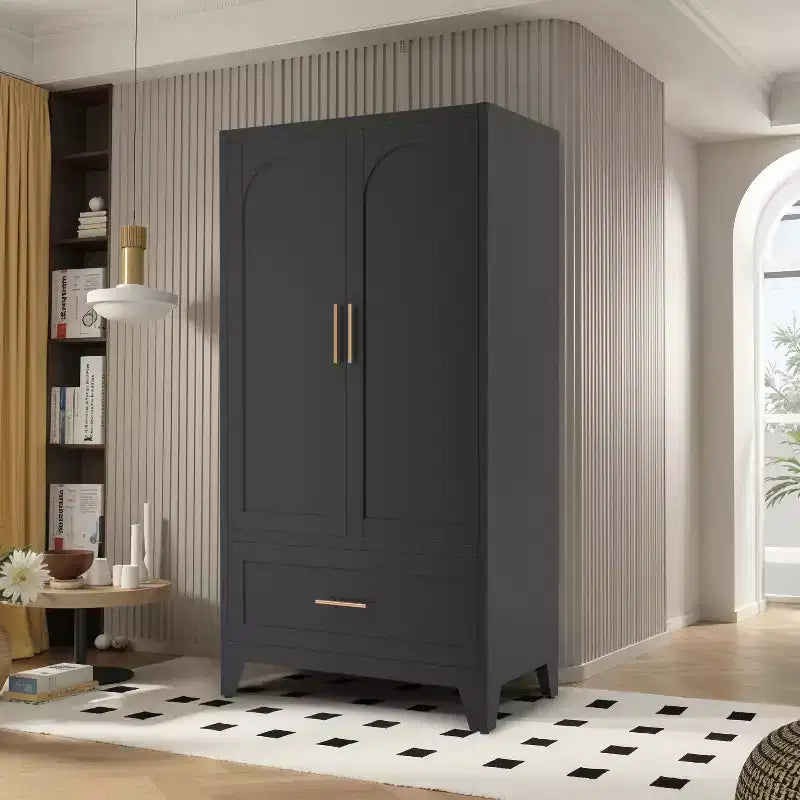 JVNOXK 60 Tall Metal Wardrobe Cabinet with 1 Drawer and Hanging Rod, 2 Doors Wardrobe Closet with Shelf for Bedroom, Office,Black