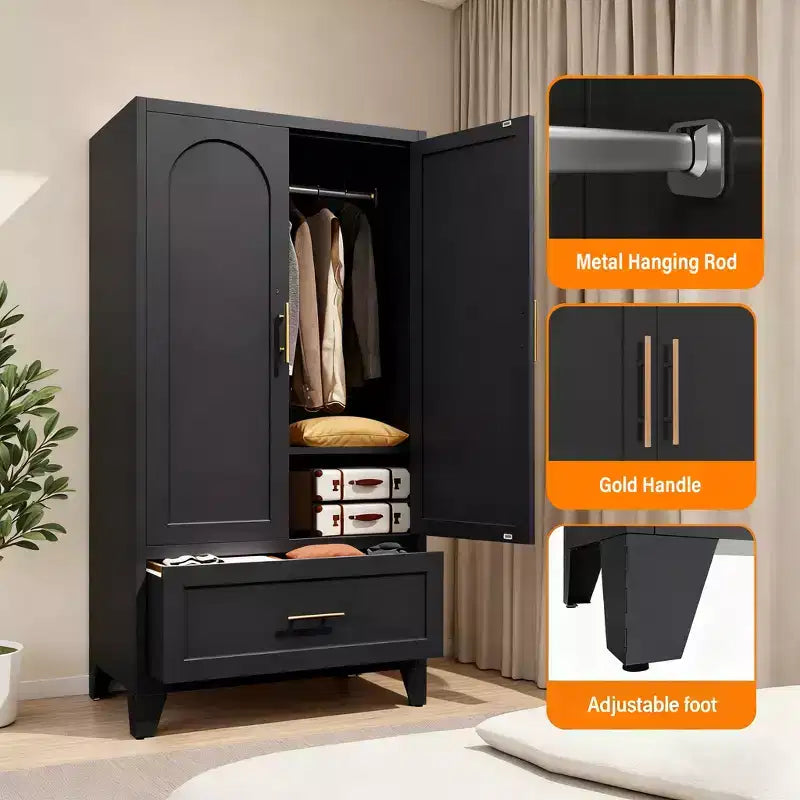 JVNOXK 60 Tall Metal Wardrobe Cabinet with 1 Drawer and Hanging Rod, 2 Doors Wardrobe Closet with Shelf for Bedroom, Office,Black